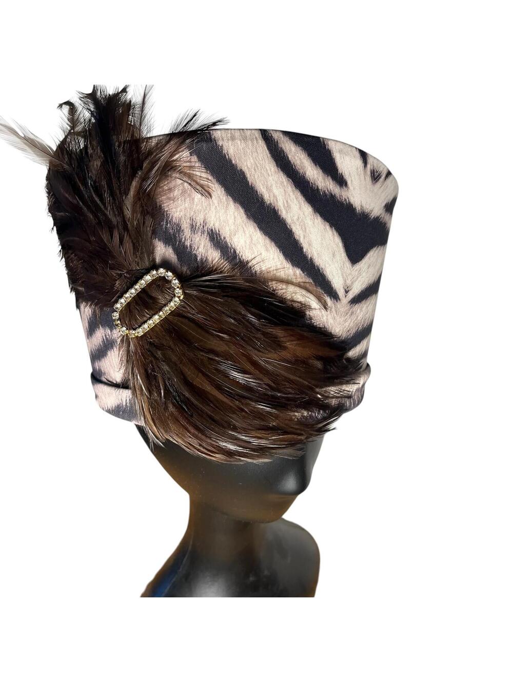 Vintage Runway Zebra Print Pillbox Hat with Feather and Rhinestone Brooch - Picture 4 of 5